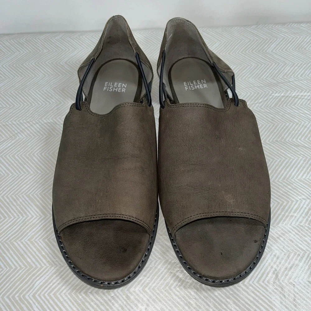 Eileen Fisher Women's Peep Toe Sandals Flat Shoes Sz 7 Brown Suede Flats Leather